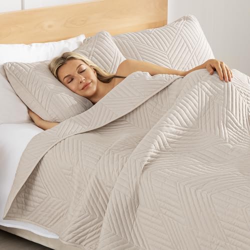 Exclusivo Mezcla Ultrasonic Twin Quilt Bedding Set, Brich Beige | Lightweight Bedspreads, Soft Microfiber, Modern Geometric Coverlet, All Season Bed Cover, 1 Quilt and 1 Pillow Sham - color: Brich Beige, size: Twin (68"x88")
