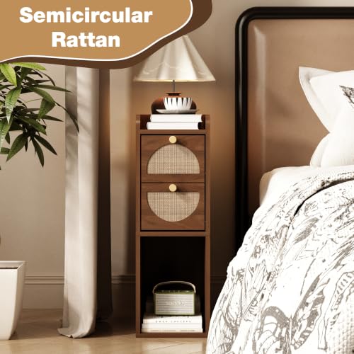 Narrow Nightstand (Rattan & Wood) - Small Bedside Table with 2 Drawers, Open Shelf, Mid Century Modern End Table - for Bedroom, Living Room & Small Spaces, Walnut - color: Walnut, size: 7.9"W (1 Pc)