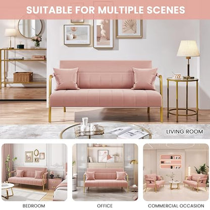 Yaheetech 56.5" Smal Sofa 2 Seater Couch with Gold-Tone Legs, Pink | Small Sofa Loveseat Velve 2 Seater Couch with Tufted Back Gold Metal Frame 2 Pillows for Office, Studio,Living Room - color: Pink, size: 56.5" W