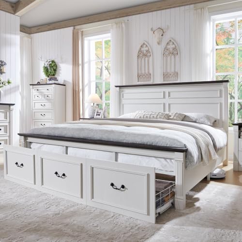 Aitjunz Farmhouse King Size Bed Frame with 51" Tall Headboard, Wood Platform Bed Frame with 20" Tall Roman Column Decoration Footboard & 3 Large Storage Drawers, No Box Spring Needed (White) - color: White, size: King