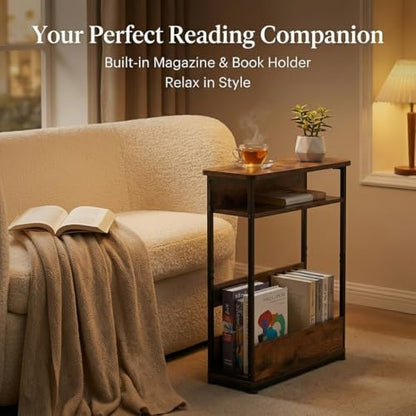 YEAKOO Narrow Side Table,3-Tier End Table with Storage Shelf,Modern Sofa Table Thin Side Table for Narrow and Small Spaces, Skinny Bedside Table Small Nightstand with Magazine Rack Space Saving/Brown - color: Rustci Brown
