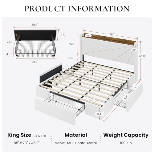 SHA CERLIN King Bed Frame, Storage Headboard with Drawers, Charging, White | Velvet Upholstered Bed, Modern Wingback Headboard, 3 Drawers, USB Charging Station, No Box Spring Needed, Easy Assembly - color: White, size: King
