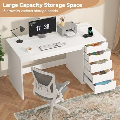 47 Inch Computer Desk with 5 Drawers and Power Outlets for Small Spaces | Home Office Desks with Storage File Cabinet and Charging Station, Modern Simple Laptop Desk Writing Table, White - color: White