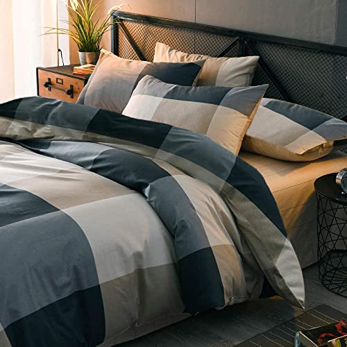 LifeTB Modern Style Plaid Duvet Cover Twin Geometric Grid Bedding Set 100% Cotton Plaid Checkered Comforter Cover Soft Breathable Duvet Cover with 2 Pillowcases Farmhouse Check Bedroom Collection - color: A1# Plaid Checkered, size: Twin (68"x86")