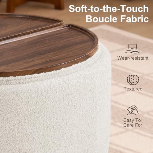 29.5" Round Storage Ottoman Coffee Table, Dual Reversible Lids, Beige | Round Ottoman Coffee Table, Swivel Casters, Hidden Storage, Dual Lift-Off Lids, Teddy Fabric, Living Room, Bedroom - color: Beige