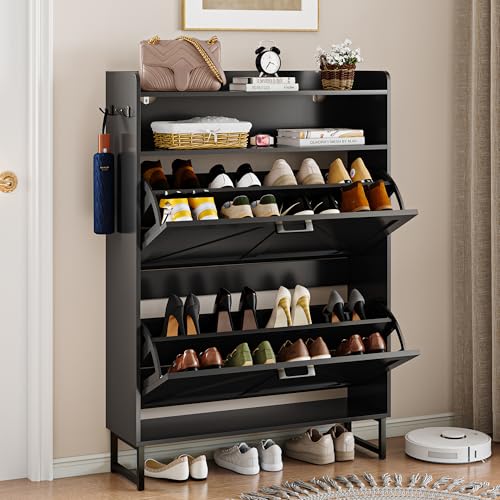 Shoe Storage Cabinet with 2 Flip Drawers, Narrow Wood Shoe Cabinet Storage for Entryway with Metal Legs & Hooks, Adjustable Shelves, Freestanding Shoe Rack Organizer for Foyer, Hallway, Black - color: Black, style: 2 Drawers