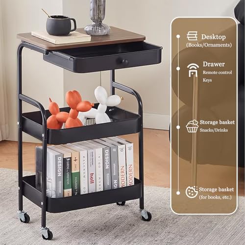 3-Tier Rolling Utility Cart with Drawers, Solid Wood Tabletop Metal Storage Cart, 360° Swivel Wheels & 2 Lockable Casters, Lightweight Mobile Organizer Trolley for Kitchen Living Room Bathroom - color: Black