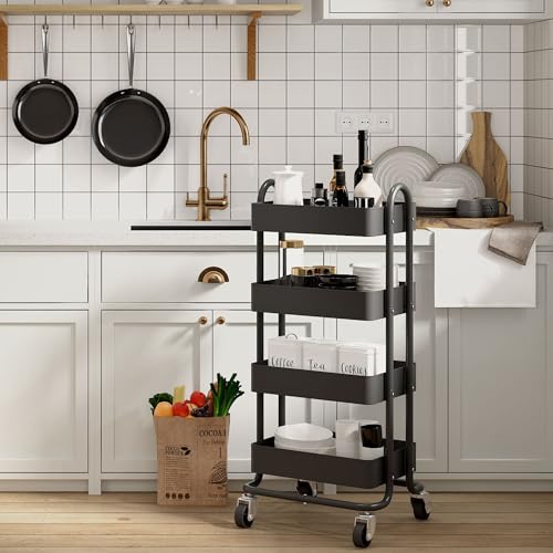 4-Tier Metal Rolling Cart with Wheels,4 Tier Utility Cart with Wheels for Office,Home,Kitchen,Garden（13.4"x18.1"x40"） Black - color: Black, size: 40"H