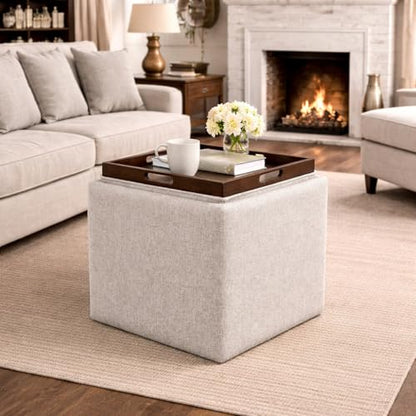 HomePop 17.5" Storage Ottoman with Tray Top - Light Brown Woven - color: Light Brown Woven