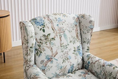 GDFStudio Modern Wingback Accent Chair with Solid Wood Legs and Cushion, Comfy Upholstered Floral Pattern Armchair, Retro Leisure Single Sofa Chair for Living Room Bedroom Home, Antique Blue 1 - color: Antique Blue 1
