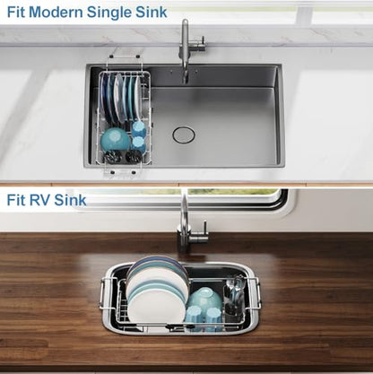 Small Over the Sink Dish Drying Rack - 9" W Expandable Stainless Steel Compact Dish Drainer for RV, Apartment, Camper, Kitchen, Dish Strainer with Lock Knob, Silver - color: Silver, size: 9"W | Fits Inner Sink 12"-18.3"L