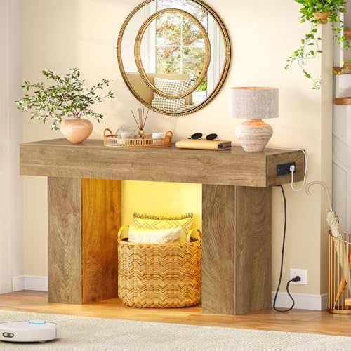 47.2" Entryway Table, Console Table with Charging Station and Adjustable LED light, Farmhouse Wood Sofa Table, Behind the Couch Table, Narrow Console Table, Entry Table for Hallway, Living Room - color: Natural, size: 47.2 IN