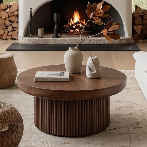 33.5" Round Coffee Table with Real Wood Parquet Top,Walnut | Mid-Century Modern Kitchen Table Center Table, Thickened Tabletop, Sturdy Base for living Room, Easy Assembly - color: E-33.5" Walnut