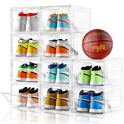 10 Pack Large Shoe Boxes Clear Plastic Stackable,Shoe Storage Organizer with Lids,Shoe Rack for Closet,Shoe Organizer and Shoe Containers for Sneaker Storage, Shoe Display Case Fit up to US Size 13 - color: Clear, size: 10 Count Fit Size 13