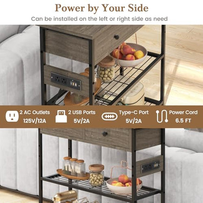 GIANTEX Industrial Console Table with Outlets, 3-Tier Narrow Entryway Table | Long Sofa Table w/ USB Ports, 2 Storage Drawers, Entry Table for Living Room, Hallway, Corridor, Behind Couch Use, Gray