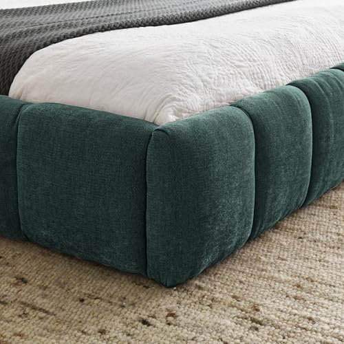 Chenille Fabric Upholstered Platform Bed Frame with Soft Headboard, Modern Low Profile Grounded Design, No Box Spring Needed, Sturdy MDF & Wood Frame, Neutral Style (Blue green, Queen (U.S. Standard)) - color: Blue Green, size: Queen (U.S. Standard)