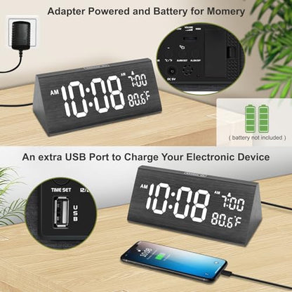 DreamSky Wooden Digital Alarm Clock for Bedroom with USB Port | 7.7" Electric Clocks with Large Numbers, Temperature, 0-100% Brightness Dimmer, Adjustable Alarm Volume, Snooze, 12/24H - color: Gray