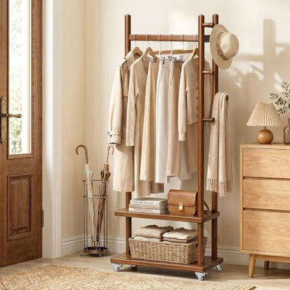 Coat Rack Freestanding Wood Garment Rack 2 Shelves 5 Hooks | Bedroom hallway entryway living room hotel, durable wood construction, mobile wheel design, coats clothes bags storage - size: Walnut-S :18.9''L×13''W×71''H (With Wheels）
