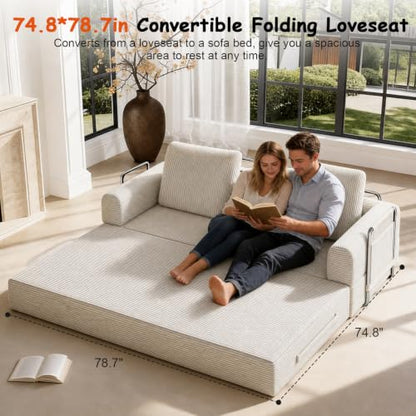 78" Convertible Sofa Bed, Corduroy Pull Out Couch with Fixed Frame & Pocket | 5-in-1 Boneless Sleeper Sofa, Couch Bed with 2 Pillows, Living Room, Small Spaces, Bedroom, No Assembly - color: 78''beige