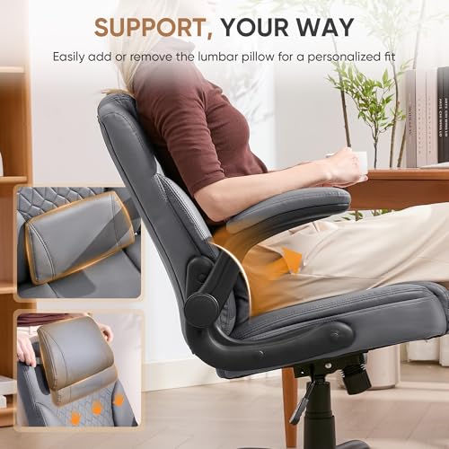 Home Leather Office Chair with Lumbar Support, 5" Padded Seat, Small Rocking Desk Chair, Comfy Computer Chairs with Rolling Wheels & Adjustable Arms for Adults, Grey - color: Grey