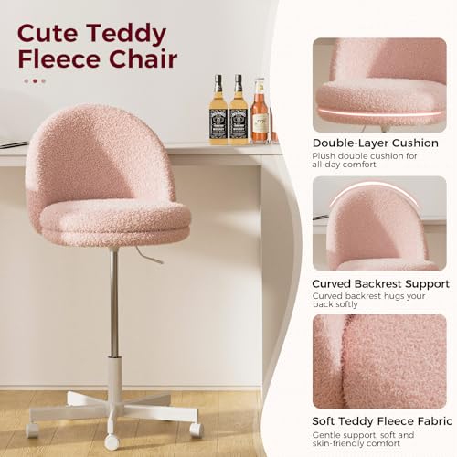 GTPLAYER Velvet Tall Office Chair with Wheels Vanity Chairs with Back, Versatile Height Use: Office to Bar Stools Small Ergonomic Comfy Armlees Computer Desk Chair with Bow Lumbar Pillow for Gift - color: Tv-pink