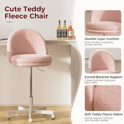 GTPLAYER Velvet Tall Office Chair with Wheels Vanity Chairs with Back, Versatile Height Use: Office to Bar Stools Small Ergonomic Comfy Armlees Computer Desk Chair with Bow Lumbar Pillow for Gift - color: Tv-pink