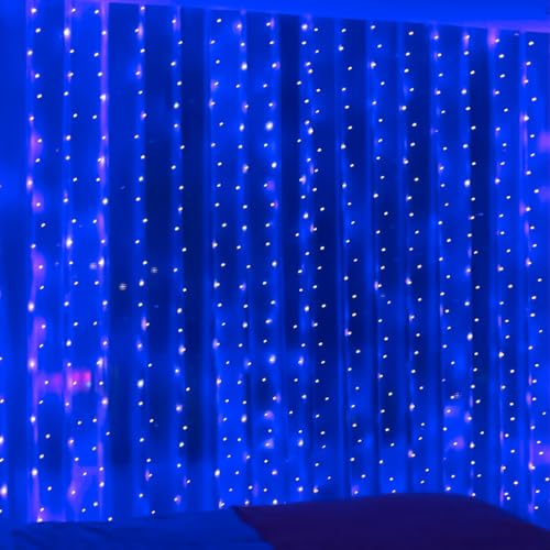 ZSJWL 300 LED Curtain Fairy Lights with Remote, 9.8 × 9.8 Ft, USB Plug in | 8 Modes, Waterproof, Twinkle Silver Wire, String Lights for Bedroom, Windows, Christmas, Wedding and Party Decor, Blue - color: Blue, size: 300LED