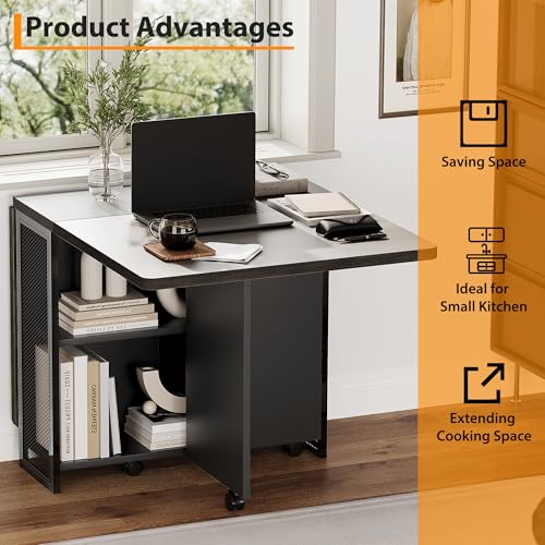 Premium Folding Dining Table - Space-Saving Drop Leaf Design with 6 Wheels & 2-Tier Storage - Expandable Kitchen & Dining Room Table in Grey