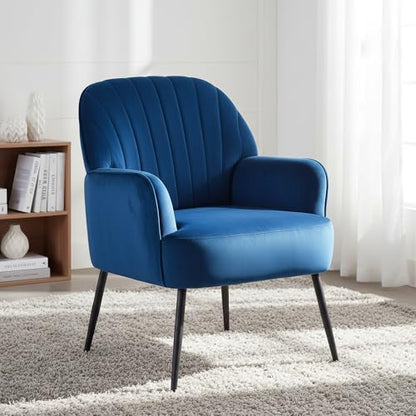 GDFStudio 25" Velvet Accent Chair with Arms and Back, Modern Shell-Shaped Upholstered Barrel Chairs, Small Comfy Reading Chair Lounge Chairs with Solid Legs for Living Room Bedroom Office Cafe, Blue - color: Blue