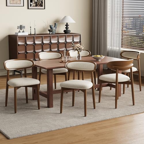 Wooden Dining Chairs Set of 6, Modern Fabric Upholstered Dining Room Chair, Kitchen Side Chairs, Farmhouse Dinner Chair with Curved Back for Kitchen, Beige - color: Beige, size: Set of 6