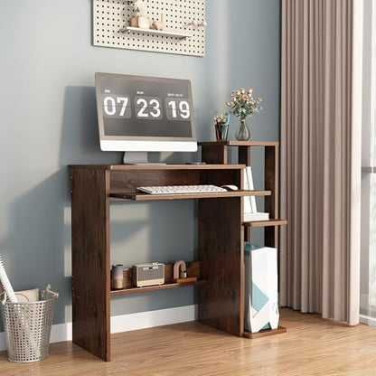 35" Compact Computer Desk with 3-Tier Storage Shelves & Keyboard Tray – Small Study Table for Bedroom or Home Office (Brown) - color: Brown