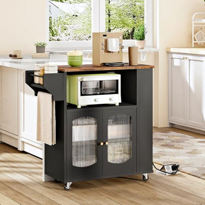 HOOBRO Kitchen Island with Power Outlet, Rolling Kitchen Island with Glass Doors and Open Storage Shelf, Island Table with Spice Rack, Towel Rack for Kitchen, Rustic Brown and Black BF53UZD01