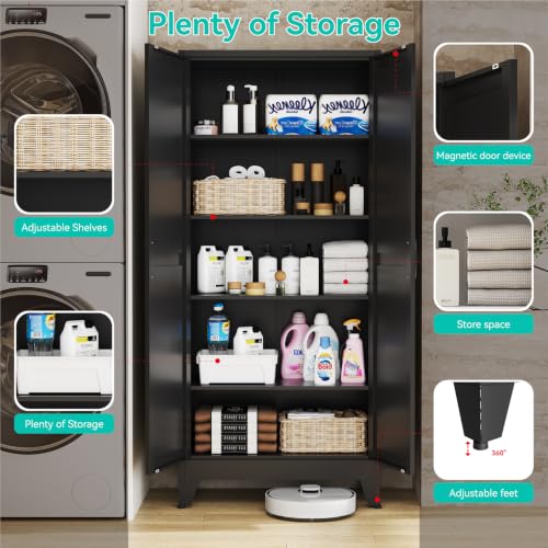 Metal Storage Cabinet with Doors and Adjustable Shelves | 71" Tall Pantry Cabinet for Kitchen Dining Room Bathroom Garage,Black,1 Pce - color: Black, size: 15.8"D x 31.5"W x 71"H-3