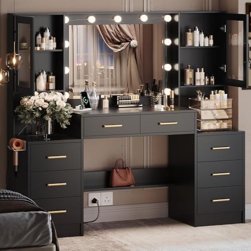 TOKSOM Black Vanity Desk with Mirror, Lights & Charging Station, 58.3" 3 Lighting Modes Makeup Desk with 8 Drawers, 2 Cabinets and Lots Storage, Dressing Table Vanity Set with Lighted Mirror - size: 58.3 inch, style: Modern Black