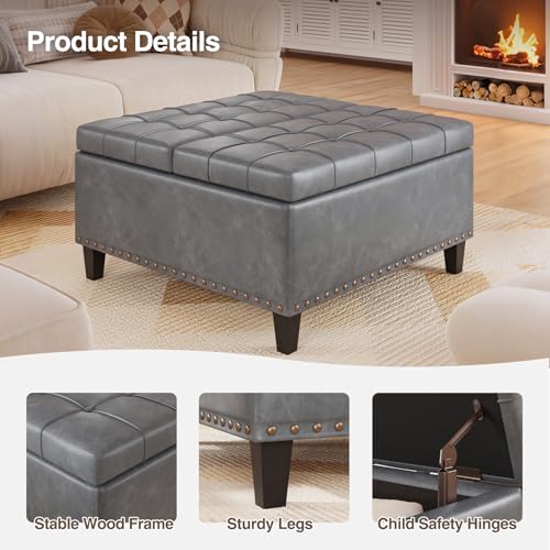 FiveWillowise 31.5 Inch Large Square Ottoman with Storage,Faux Leather | Coffee Table Storage Ottoman Bench with Lift Top Upholstered Footrest Stool Toy Box for Bedroom Living Room,Grey - color: Slate Gray