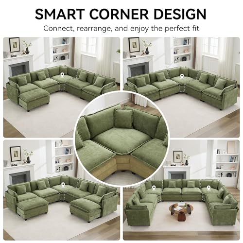 113'' V Shaped Cloud Sectional Sofa, Oversized Deep Seat Couches for Living Room, Chenille Comfy Upholstered Modular Sectional Sofa Couch with 2 Movable Ottoman, Green - color: Green, size: 113'' V Shaped+2 Ottoman