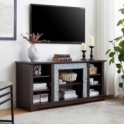 Cherry 58 Inch TV Stand for TVs up to 65 inch, Wood Entertainment Center with Faux Stacked Stone Surround and Open Storage, Media Console with 6 Cable Management Holes for Living Room - color: Cherry-a