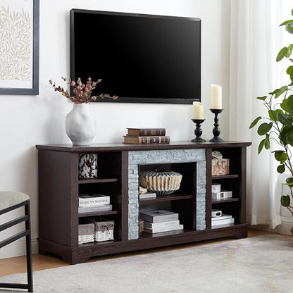 Cherry 58 Inch TV Stand for TVs up to 65 inch, Wood Entertainment Center with Faux Stacked Stone Surround and Open Storage, Media Console with 6 Cable Management Holes for Living Room - color: Cherry-a