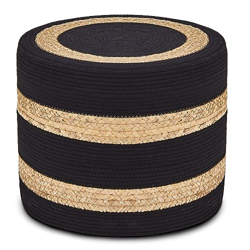 Wimarsbon 18'' Ottoman Pouf, Natural Braided Poof, Rustic Handweave Lounge Pouffe, Boho Footrest Stool for Bedroom, Accent Table or Seat for Living Room (Natural Water Hyacinth + Black Cotton Rope) - color: 18inch Natural Water Hyacinth + Black Cotton Rop