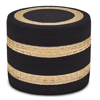 Wimarsbon 18'' Ottoman Pouf, Natural Braided Poof, Rustic Handweave Lounge Pouffe, Boho Footrest Stool for Bedroom, Accent Table or Seat for Living Room (Natural Water Hyacinth + Black Cotton Rope) - color: 18inch Natural Water Hyacinth + Black Cotton Rop