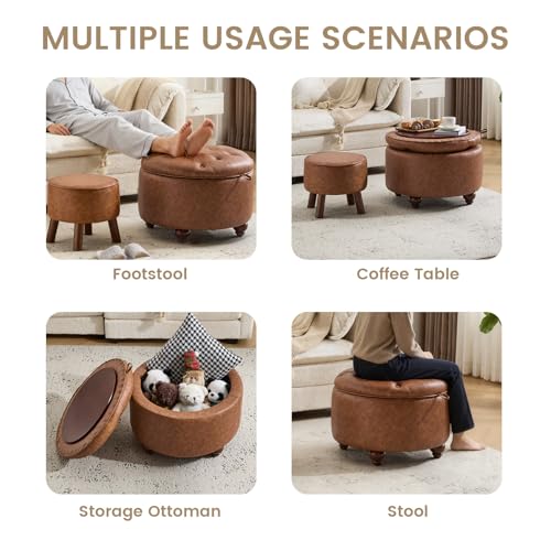 24Inch Round Storage Ottoman, Set of 2, Modern PU Leather Coffee Table with Removable Top, Upholstered Ottoman with Storage Footrest Stool for Living Room, Bedroom (Brown) - color: Brown
