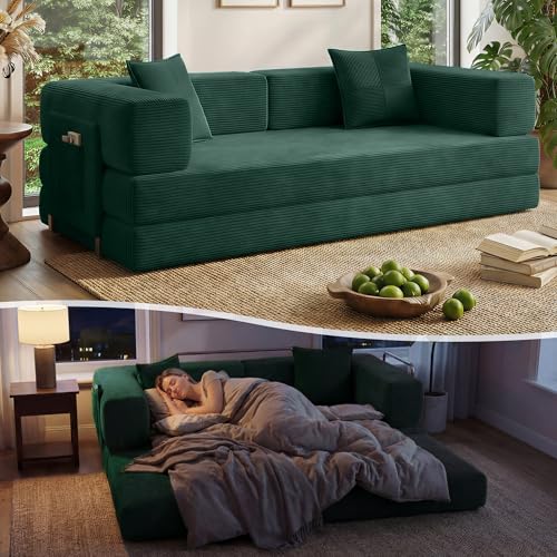 78.8" Boneless Couch for Living Room, Futon Sleeper Sofa Bed | Convertible Sofa Bed, Corduroy Pull Out Couch Loveseat with Storage Pocket, Modular Design, No Assembly, Forest Green - color: Forest Green, size: 78.8inch