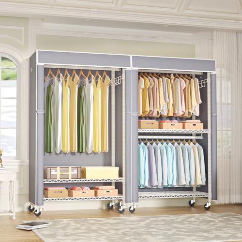 White Clothing Rack with Grey Cover, P1C Rolling Closets | Metal Garment Rack for Hanging Clothes, Clothing Storage Wardrobe, with Wheels - color: White Rack With Grey Cover
