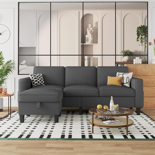L Shaped Couch for Living Room 3 Seater Sofa with Storage Movable Ottoman | 78"Modern Linen Grey Couches 3 Seats Sofas with Chaise for Studio Apartment Office Basement Small Space, Easy Assembly - color: Dark Grey-linen