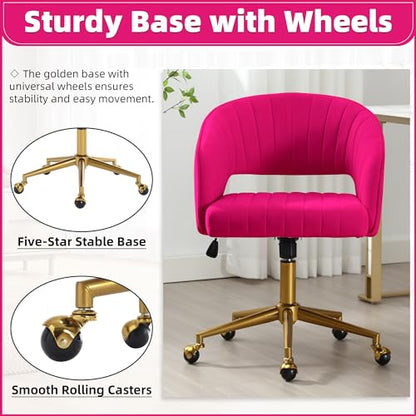 Desk Chair with Wheels, Gold Base, Velvet Accent Vanity Armchair, Hot Pink | Spacious‌ Soft Seat, Swivel Height Adjustable, Rocking Function, Modern Stripe for Girls &Women Bedroom Makeup or Nail - color: Hot Pink Velvet