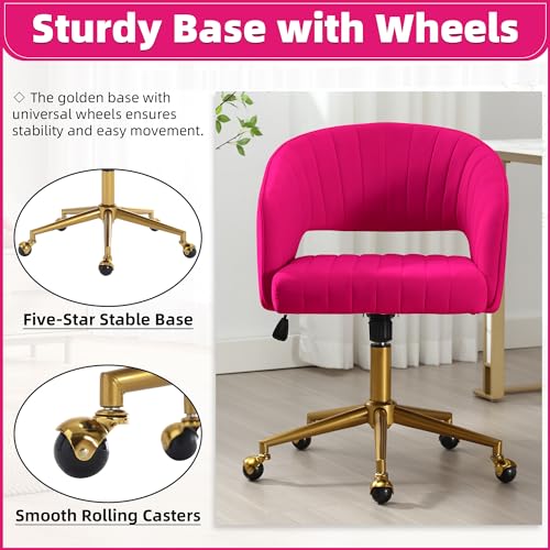 Desk Chair with Wheels, Gold Base, Velvet Accent Vanity Armchair, Hot Pink | Spacious‌ Soft Seat, Swivel Height Adjustable, Rocking Function, Modern Stripe for Girls &Women Bedroom Makeup or Nail - color: Hot Pink Velvet