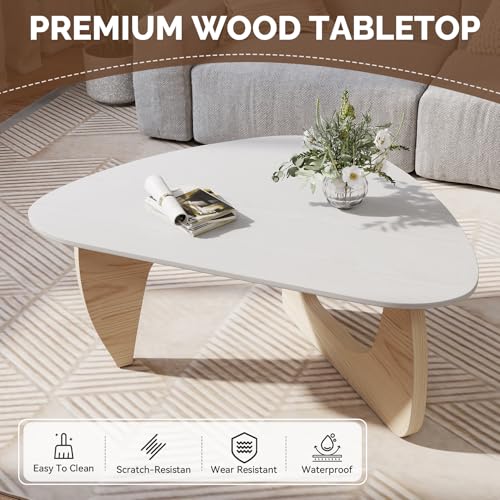 Modern Wood Coffee Table, Triangle Center Table with Premium Wooden Top& Unique Base, 35.5” Small Mid Century Tea Tables for Living Room, Apartment, Office,White&Light Natural Wood - color: White&light Natural Wood, size: Medium 35.5*25.5*15.7in