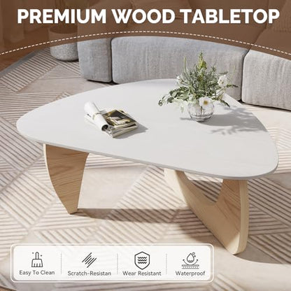 Modern Wood Coffee Table, Triangle Center Table with Premium Wooden Top& Unique Base, 35.5” Small Mid Century Tea Tables for Living Room, Apartment, Office,White&Light Natural Wood - color: White&light Natural Wood, size: Medium 35.5*25.5*15.7in