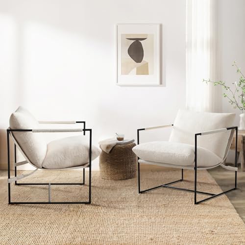 Furnilivng Large Sling Accent Chairs Set of 2, Comfortable Boucle Fabric Arm Chair, Upholstered Cozy Reading Chair for Living Room, Bedroom, Dressing Room, Home Office, White - color: White, size: Set of 2