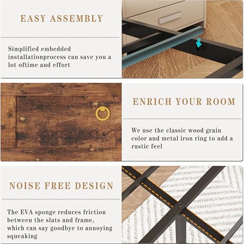 TIGUBFRE Queen Bed Frame with 4 Drawers Bookshelf Headboard, Farmhouse Bed Frame with Charging Station & LED Lights, Metal Slats Support, Noise Free, No Box Spring Needed Rustic Brown - color: Rustic Brown, size: Queen